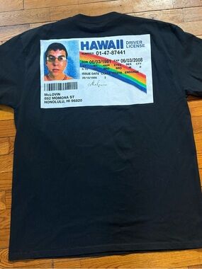 McLovin Black Graphic T-Shirt with Hawaii License Print